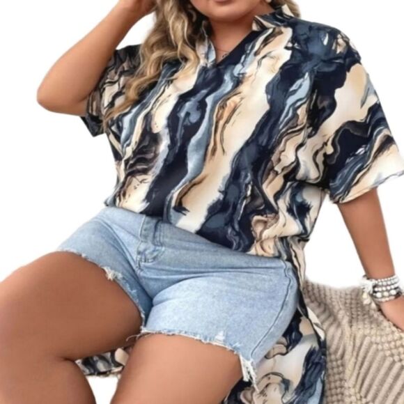 Plus Marble Print Half Sleeve V Neck Asymmetrical hem top sz 2X - Picture 1 of 6